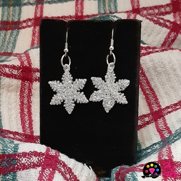 Handmade Silver Glittery Christmas Drop Snowflake Earrings - Picture 1 of 2